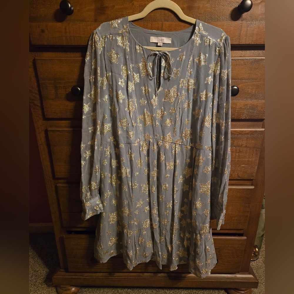 Loft Shimmer Gold Star Tiered Mini Dress SZ XL